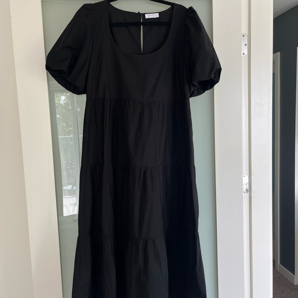 Aritzia Black Tiered Midi Dress with Puff Sleeves